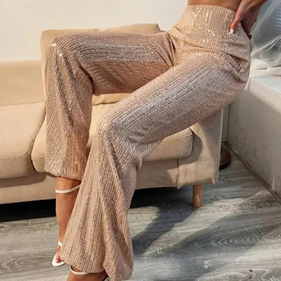 Sequin High Waist Flare Leg Pants Champagne - Picture 2 of 6